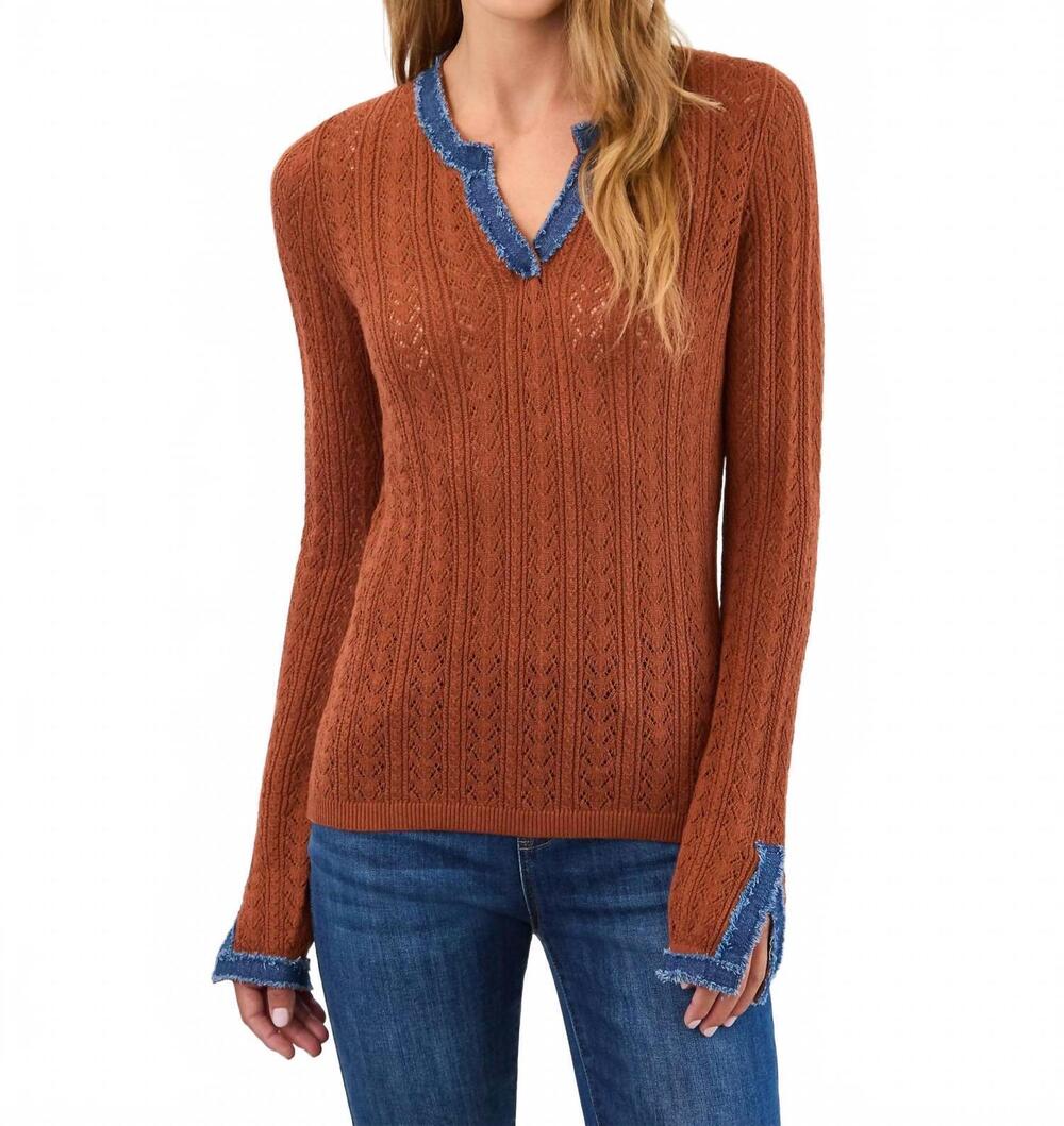 NEW FDJ pamela pointelle fine gauge sweater in warm bronze